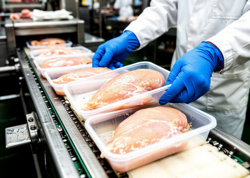 A worker in a white coat and blue gloves places raw chicken breasts into clear plastic trays on a conveyor belt. Industrial meat processing plant