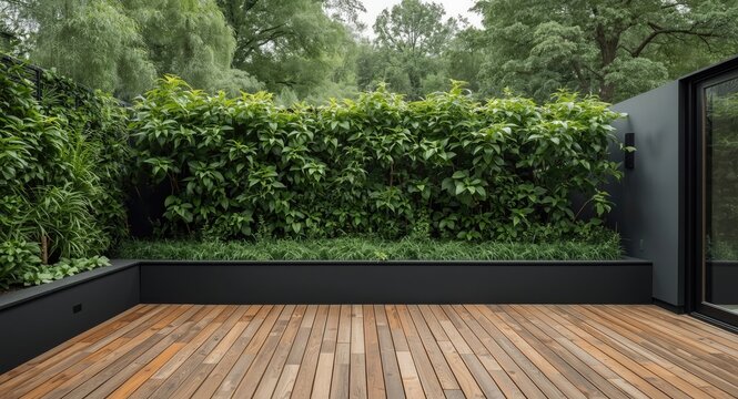 Natural timber decking featuring lush plant walls and minimal smooth surface