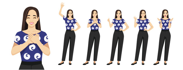 Naklejka na ściany i meble Set of young business woman with long hair in different poses. Surprised, waving, standing with crossed hands, showing thumb up, appreciation and ok sign. Isolated vector illustration