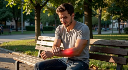 Obraz premium Man sitting on bench holding elbow in pain outdoors