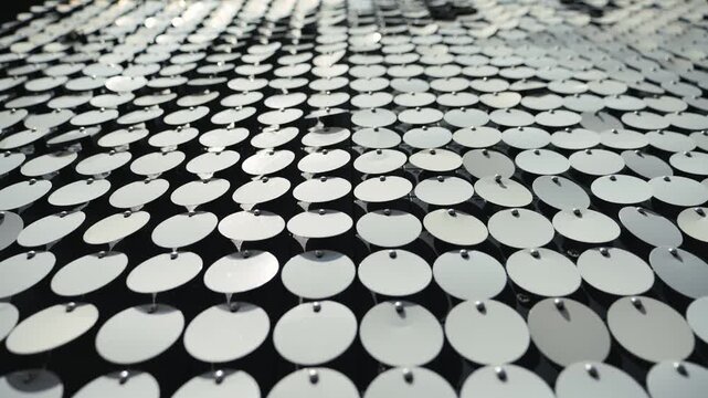 Reflective circular pattern. Metallic, reflective, circular discs, sequins or reflective panels, arranged in a grid pattern. High quality 4k footage
