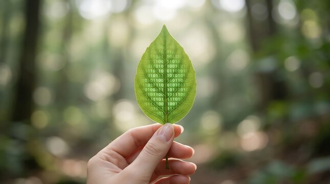 Green leaf with binary code pattern held by hand in a forest setting