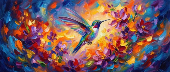 Fototapeta premium Vibrant hummingbird in a colorful floral garden nature scene oil painting lush environment close-up view artistic expression