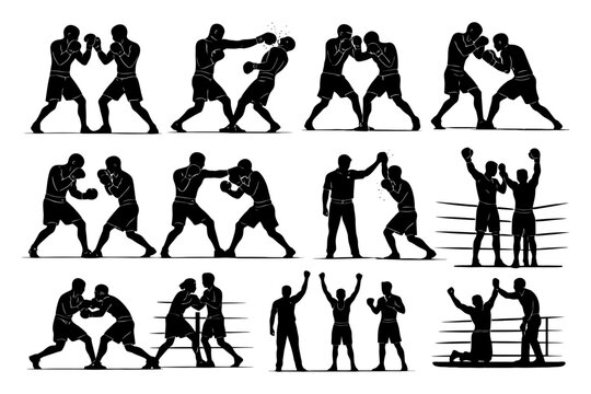 Silhouettes of male boxers sparring and celebrating in a boxing ring.