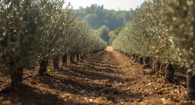 Growing rows of olive saplings thriving on cultivated arable land