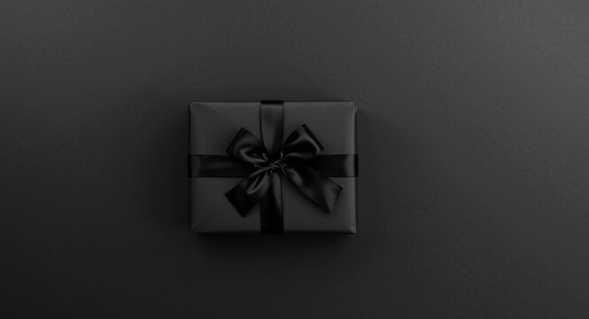 Flat lay top shot of a gift wrapped in black paper and tied with silk ribbon bow on dark backdrop with space for text