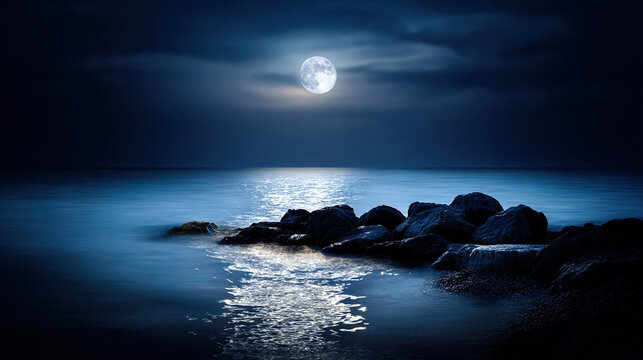 Nighttime Moonlit Ocean Scene with Rocks
