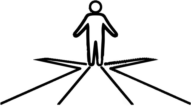 Figure of a person standing at a crossroads with multiple paths branching out