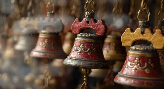 Painted keepsake cow bells on display featuring copy space