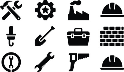 Fototapeta premium Industrial construction tools and icons set. flat style vector illustration with transparent background