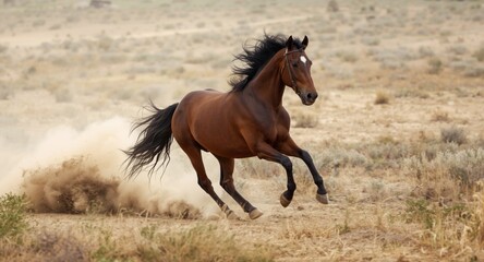 Obraz premium Powerful wild stallion galloping across dusty plains