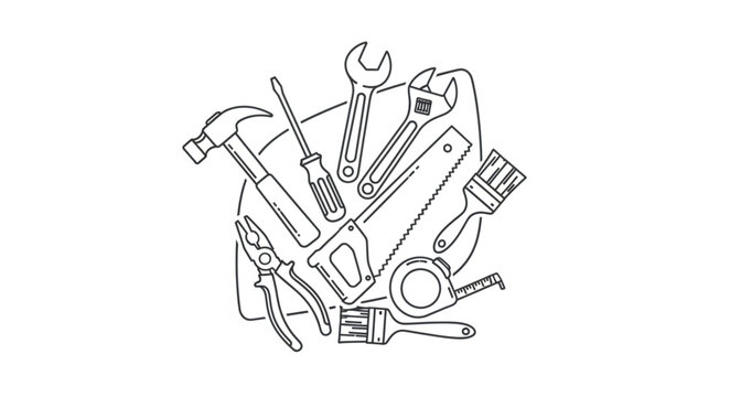 Collection of various hand tools for construction and repair work, black and white.