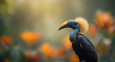 Obraz premium Knobbed hornbill with richly colored gold bristles on blue neck and diffuse orange flower background