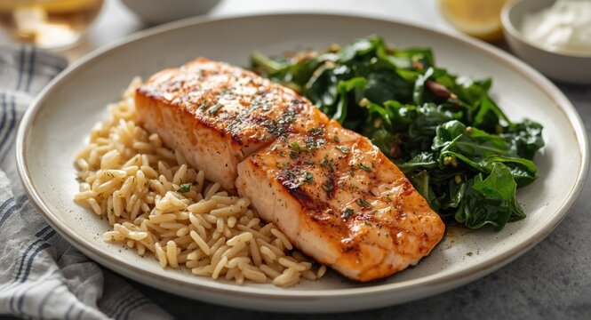 Grilled salmon served with zesty lemon rice and saut&Atilde;&copy;ed spinach