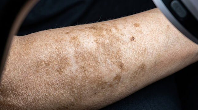 Close up skin arm age spot freckle wrinkle texture elderly health dermatology natural human body detail brown light surface care medicine skin condition pigmentation dry adult person skin texture