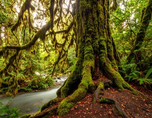Fototapeta premium Lush mossy forest scene with flowing stream