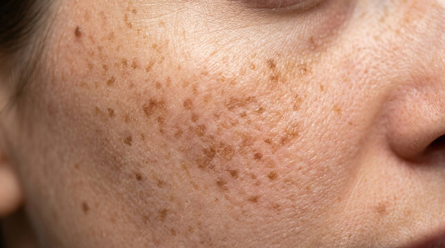 Close up skin face freckles brown spots texture natural healthy female cheek