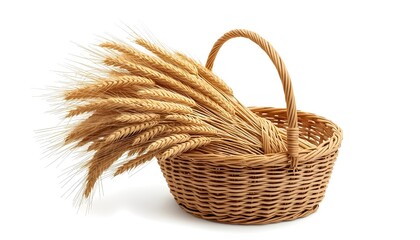 Fototapeta premium A wicker basket filled with golden wheat stalks on a white background