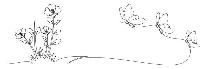 Fototapeta na wymiar Continuous line drawing of flowers and butterflies.eps 