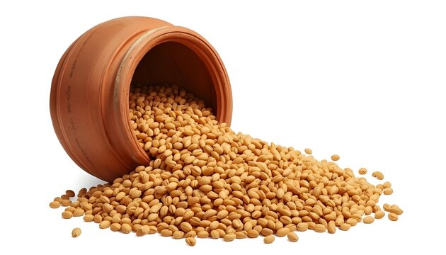 A terracotta pot lies on its side with grains of wheat or barley spilling out onto a plain white background