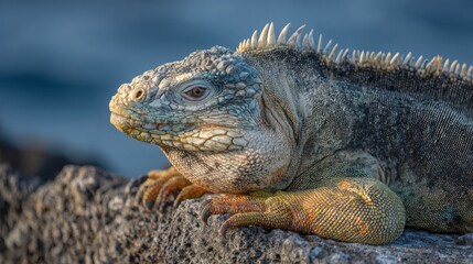 Obraz premium Detailed close-up of an iguana resting on a rough lava rock under the sun