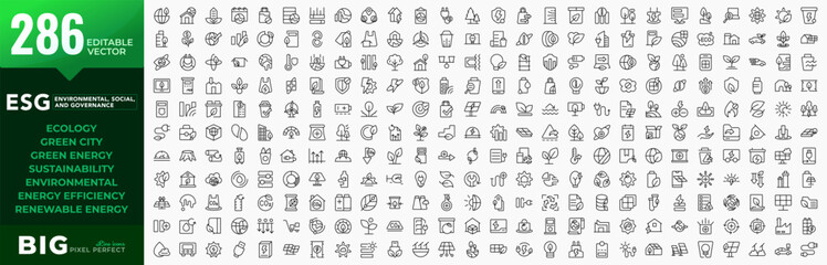 Big ESG line icons mega collection. Environmental, Social, Governance, solar panels, recycling, ecology, renewable energy, energy efficiency, net zero, big UI icon set. Editable vector stroke © RI Rafiq