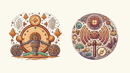 Naklejka premium Retro-futuristic steampunk-inspired clockwork and broadcast symbols, detailed intricate illustrations