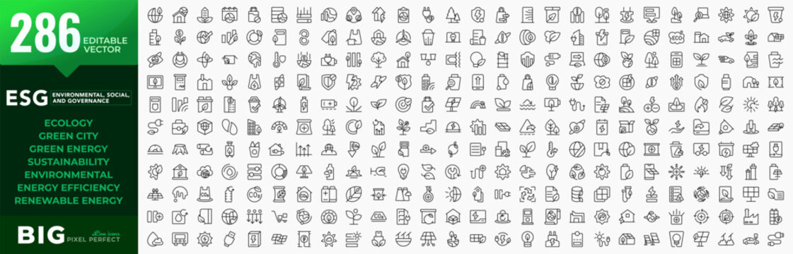 Big ESG line icons mega collection. Environmental, Social, Governance, solar panels, recycling, ecology, renewable energy, energy efficiency, net zero, big UI icon set. Editable vector stroke