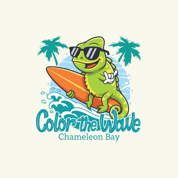 Chameleon Wearing Sunglasses Riding Surfboard.