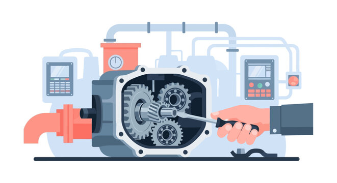 Industrial Machine Repair & Maintenance Vector. Mechanic Hand Fixing Gears with Screwdriver. Engineering and Technical Support Concept.