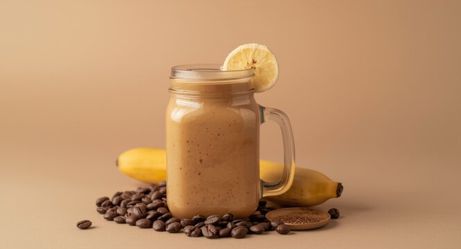 Refreshing espresso maca banana smoothie in a transparent jar placed near coffee beans on an even toned background with space for text