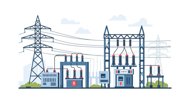 Electrical Substation & Power Grid. Flat Design Vector Illustration of Energy Transmission Towers, High Voltage Power Lines, and Distribution Infrastructure.