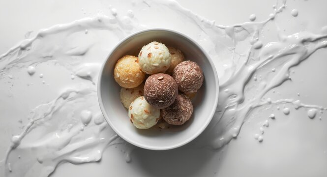 Bowl of mixed chocolate and vanilla corn balls with splashy milk effects on a monochrome background