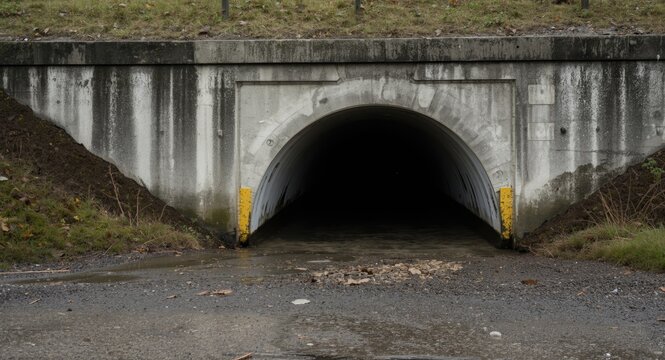 Horizontal pipe drainage managed by concrete headwall under street rainwater culvert