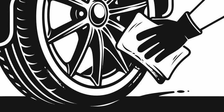 Black and white vector illustration of car detailing process. Close-up of worker hand in protective glove cleaning alloy wheel rim with microfiber cloth.