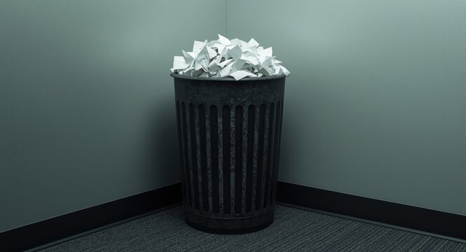 Crushed paper filled trashcan standing in a basic office corner