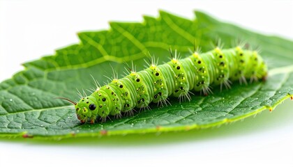 Fototapeta premium Bright green fuzzy caterpillar crawling on a vibrant leaf, showcasing intricate details of insect life.