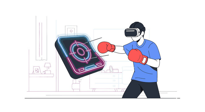 Man wearing VR headset and boxing gloves plays virtual reality boxing game in a modern living room