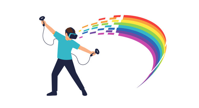 Person wearing VR headset and controllers creates a rainbow arc from digital blocks, symbolizing creativity and virtual reality.