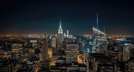 Night city panorama highlighting many tall buildings and bright lighting effects