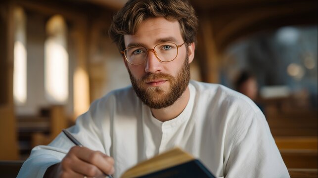 Failure post-mortem document being written in journal, founder analyzing what went wrong with objective distance in quiet hospital chapel space, ideal for reflection keywords, and modern growth