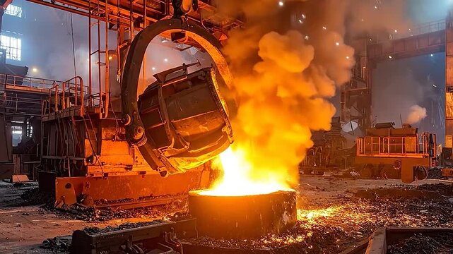 Molten l pouring from a large industrial ladle in a steel mill