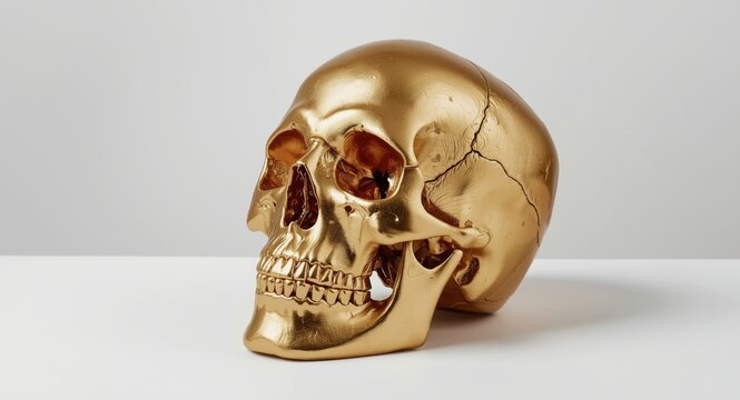 Gold skull replica highlighted on minimalist backdrop for cosmetic presentations
