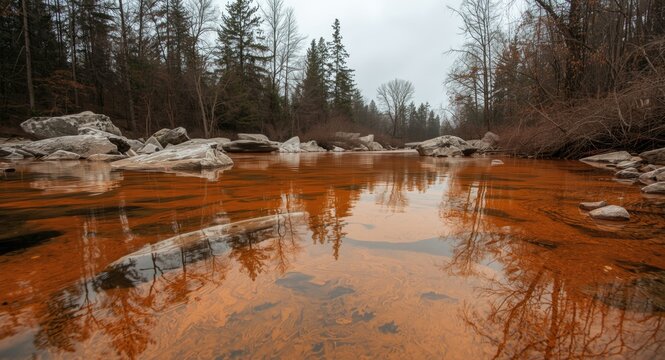 Overcast river environment with stones and trees mirrored in orange tainted water revealing damage