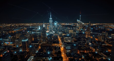 Naklejka premium Holographic AI rendering depicting night illuminated cityscape enhanced with neural networks