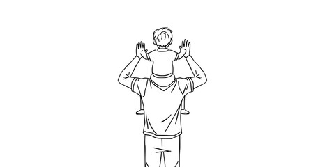Obraz premium A minimalist line art illustration of a man carrying a child on his shoulders