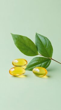 Natural Vitamin D and Omega 3 softgel capsules with a fresh green leaf on a pastel green background. Concept for holistic wellness, herbal supplements, and beauty.