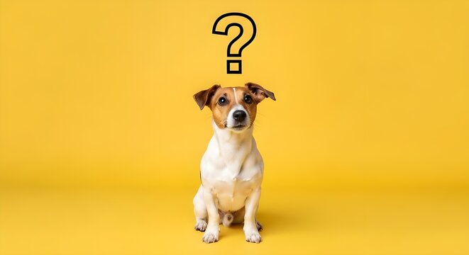 A jack russell terrier dog sits with a question mark above its head
