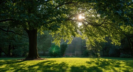 Fototapeta premium Bright summer garden scene with sunlight streaming through trees and leafy canopy