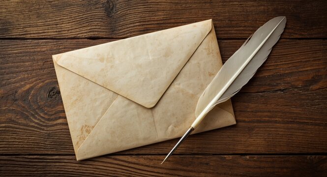 Old fashioned postal envelope paired with quill pen on natural wooden backdrop